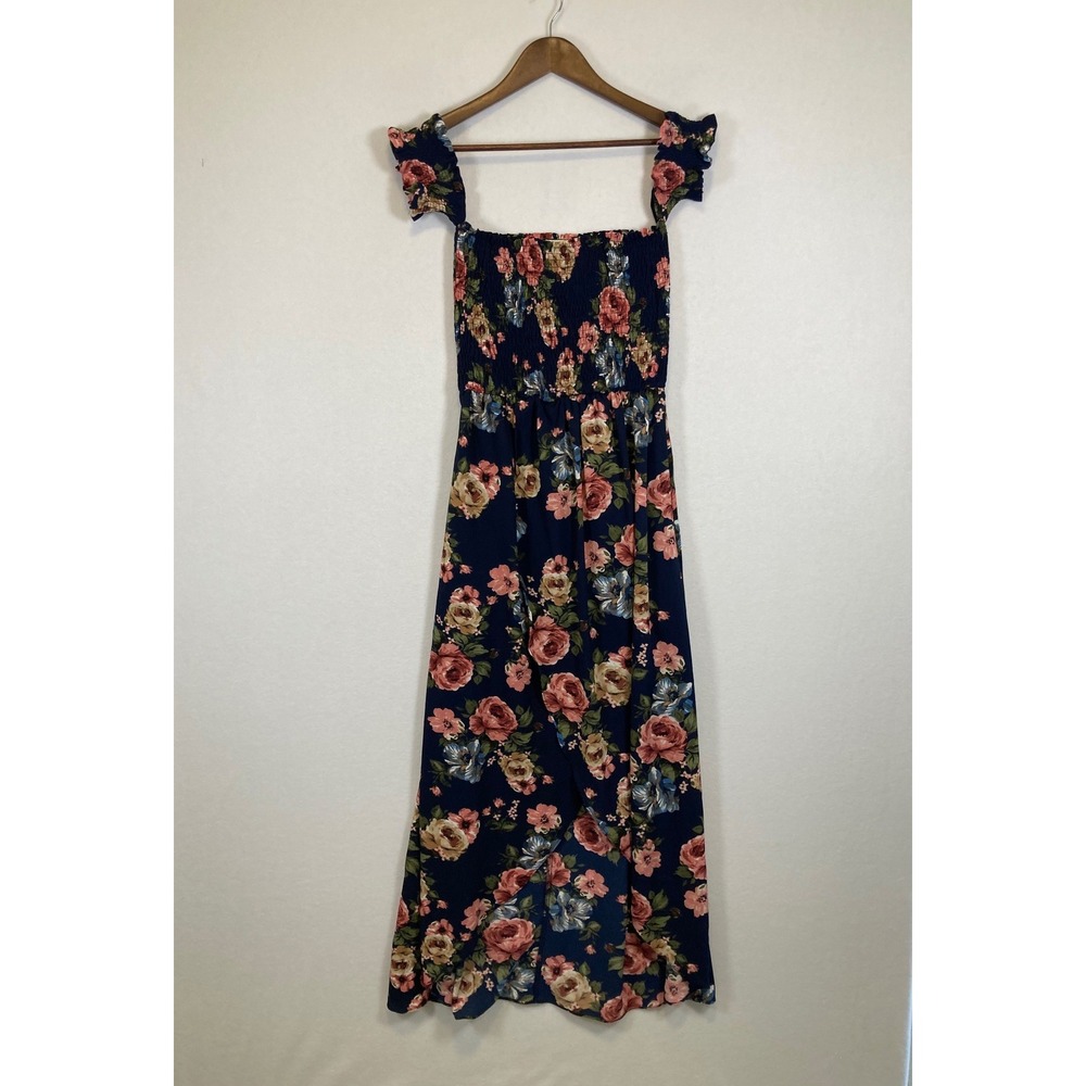 K-T-O-O Floral Maxi Dress Women Medium Navy Blue Smocked Ruffle Slit
